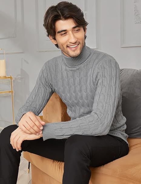 Mens Turtleneck Jumper Cable Knitted Sweater